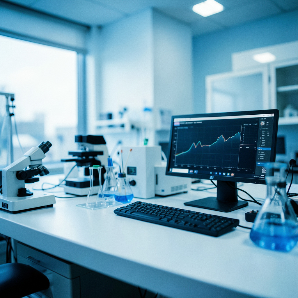 A wide cinematic frame with shallow depth of field showing a clean modern laboratory workspace with scientific instruments and a computer screen displaying data charts, in cool blue and white tones