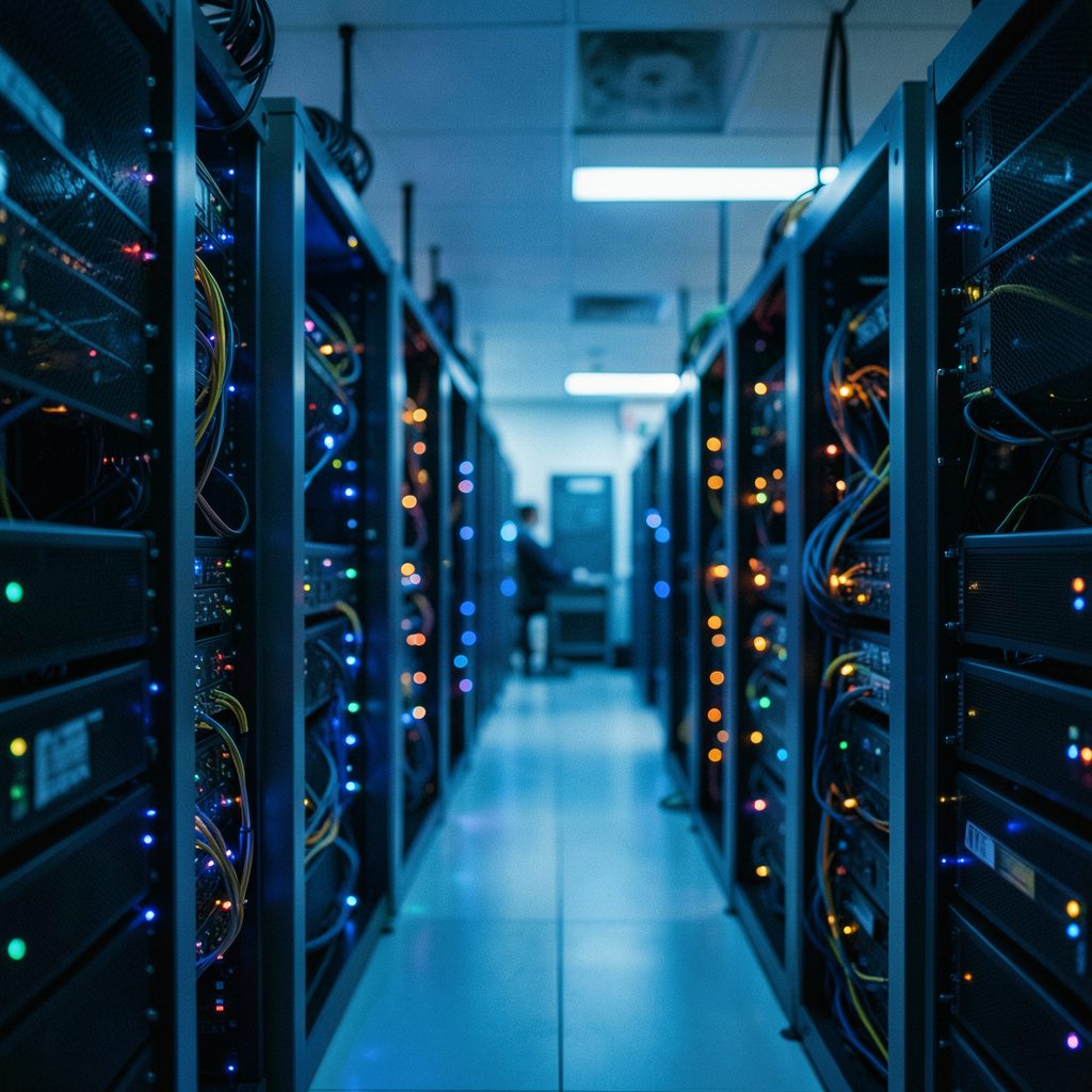 A wide cinematic frame with shallow depth of field showing a computing research environment with server racks and glowing network indicators in deep blue and amber tones